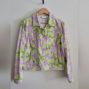 Liz Claiborne Lime & Lavender Butterfly Printed Cotton Jacket, Women's XL.